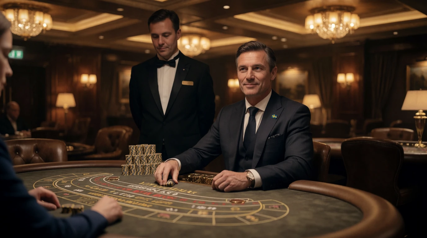 Stilren VIP-salong på ett svenskt high roller-casino med privat bord och personlig värd