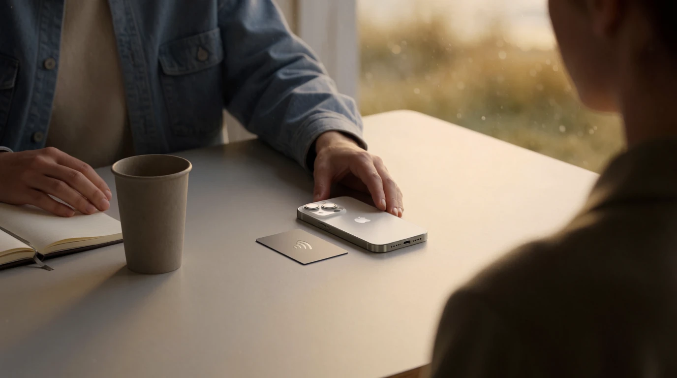 Svensk person vid skrivbord med iPhone och Apple Pay-betalkort