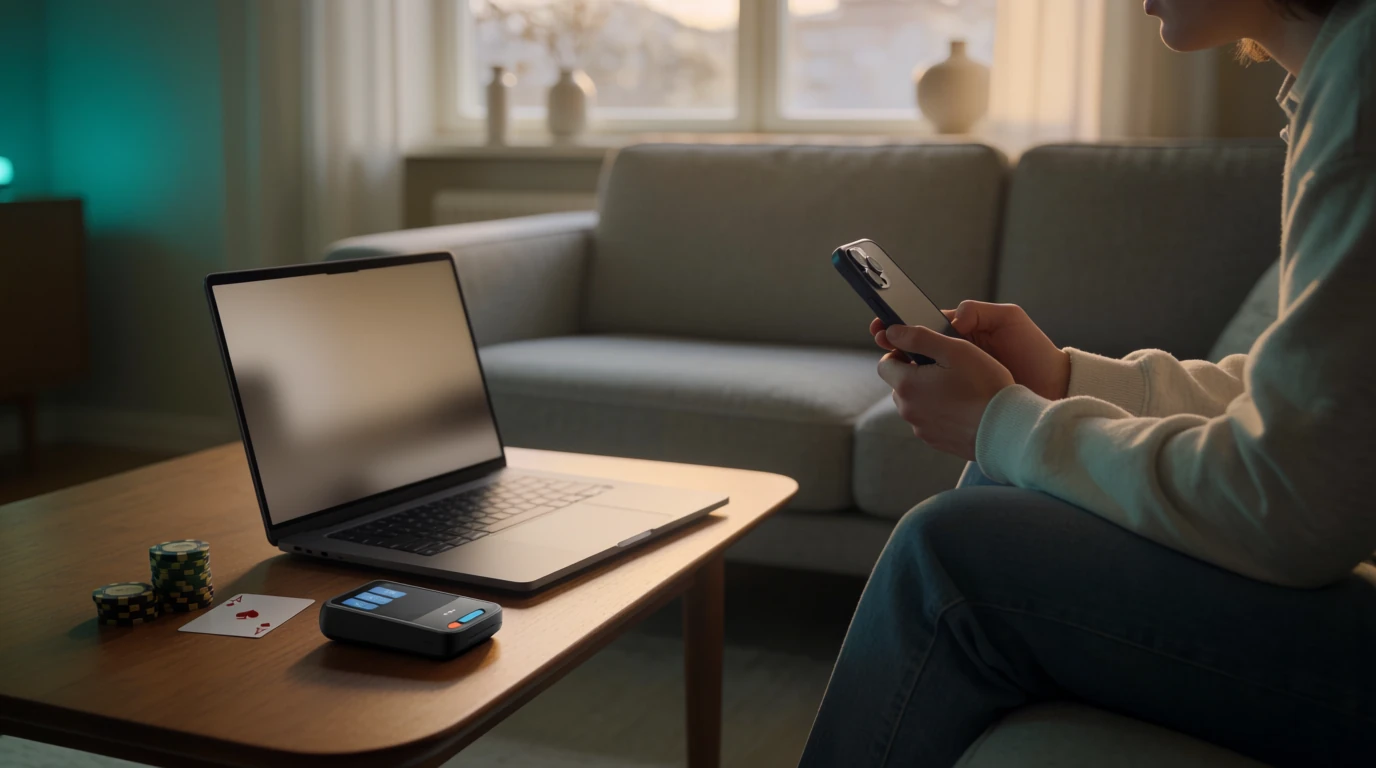 Svensk person med telefon och casino-marker vid digital betalning