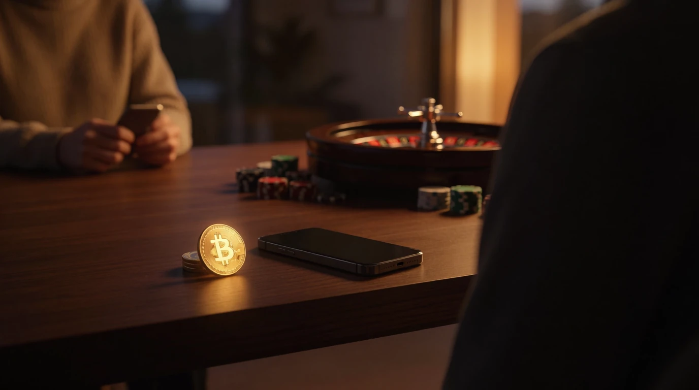 Gyllene Bitcoin-mynt på bord med roulette och casinotärningar