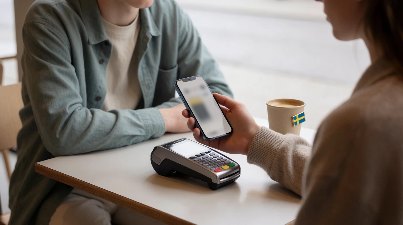 Svensk person som försöker betala med mobiltelefon i kafé