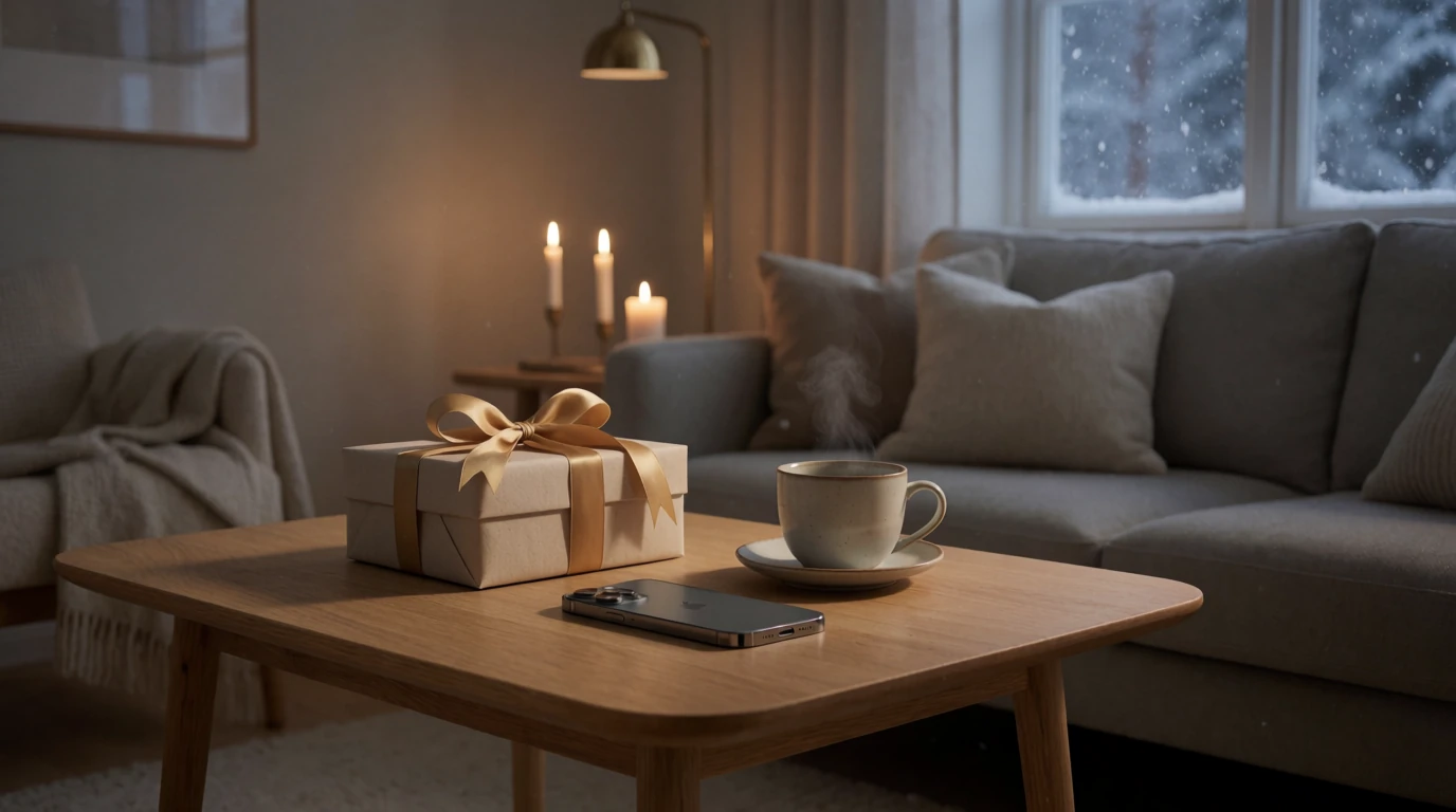 Inslagen present med guldband, kaffekopp och smartphone på soffbord i svenskt vardagsrum