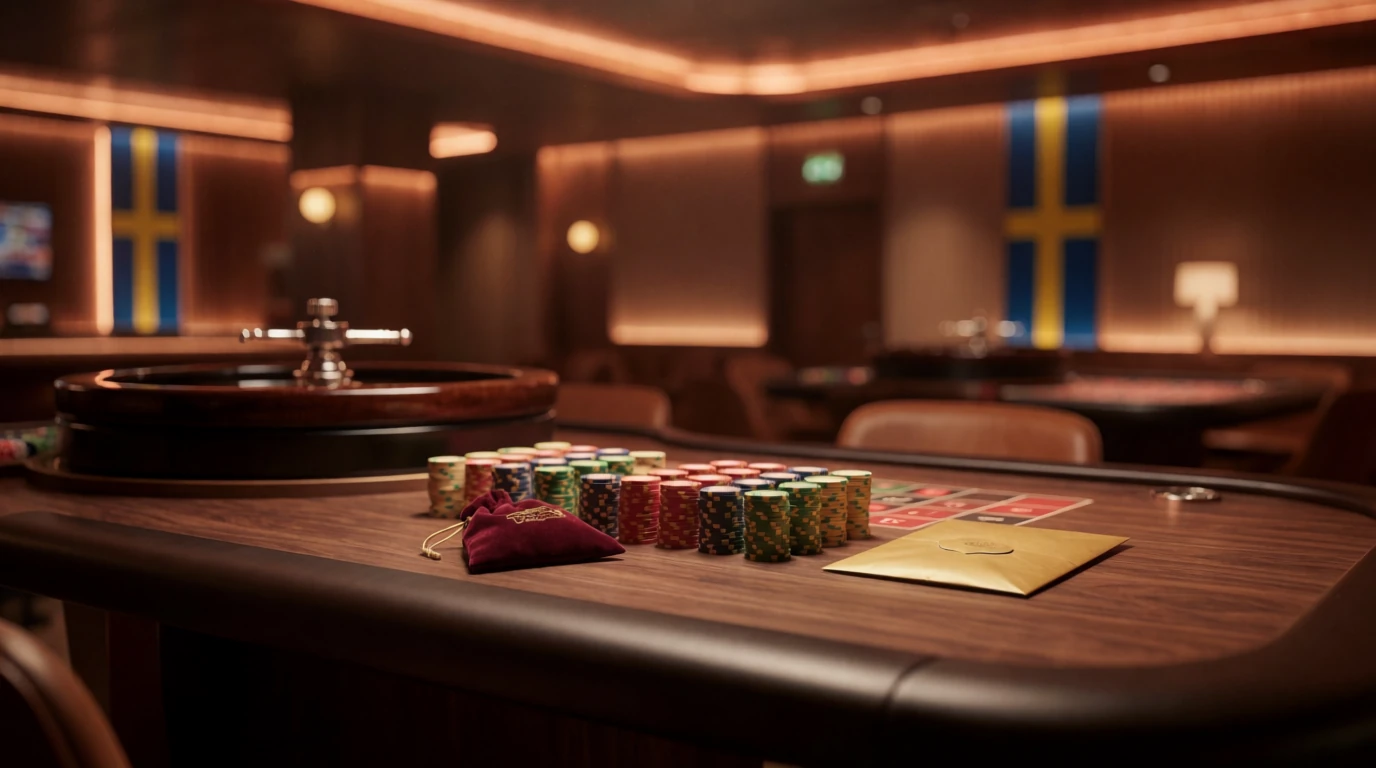 Svensk casinomiljö med marker, roulettehjul och förseglat kuvert med bonuskod