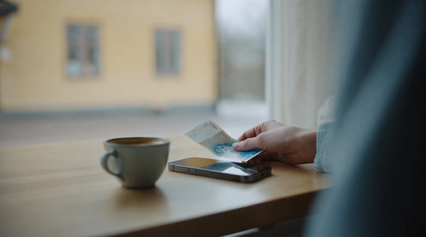 Svensk krona sedel och nedvänd telefon på träbord
