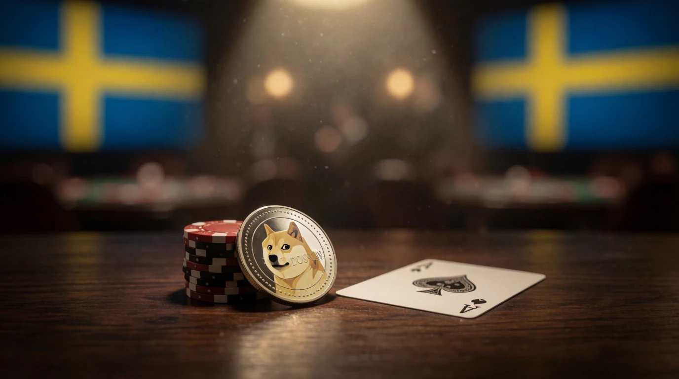 Dogecoin-myint och casinofigurer på ett bord
