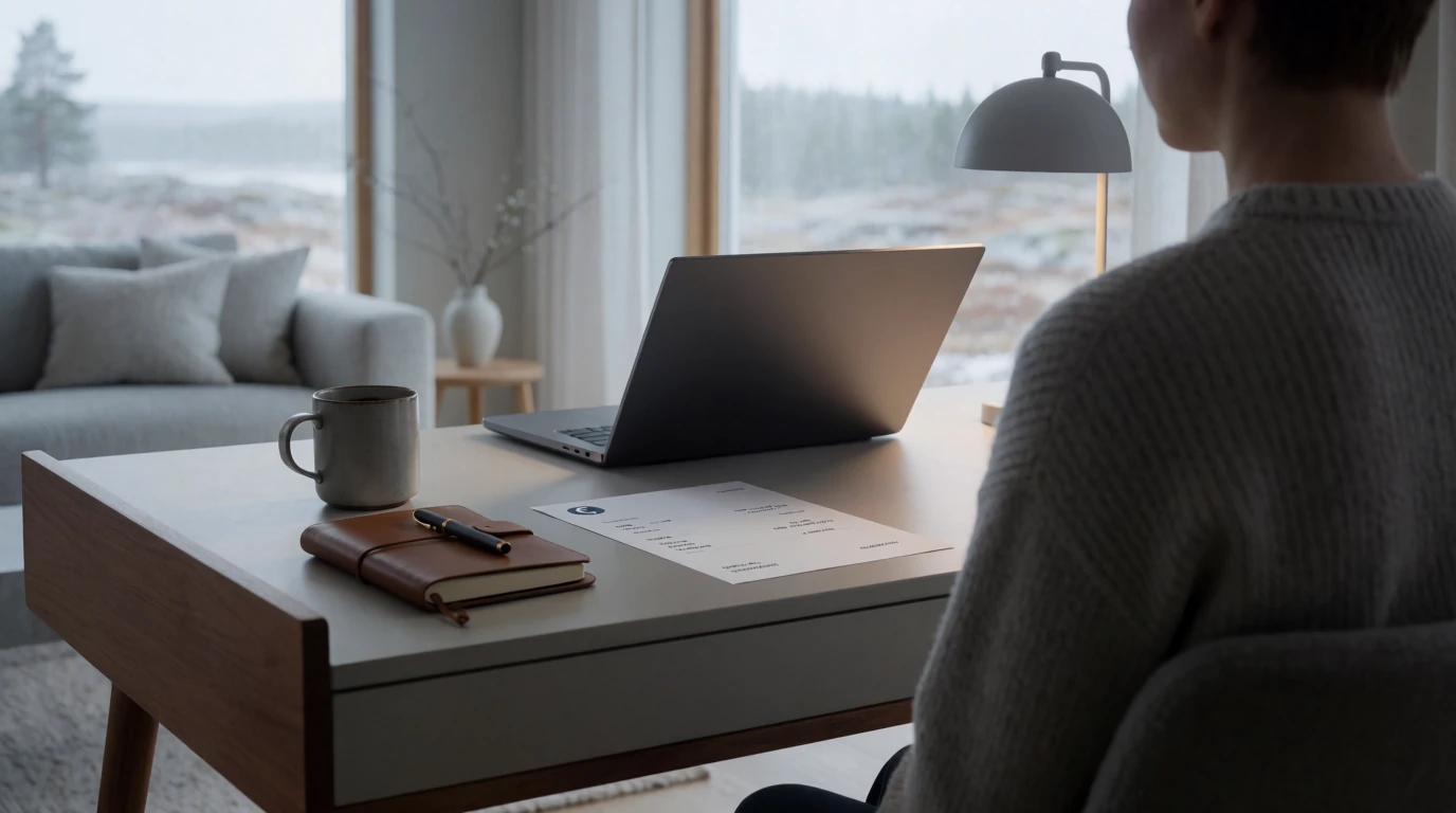 Skrivbord med stängd laptop, pappersfaktura och kaffekopp i ljust svenskt vardagsrum