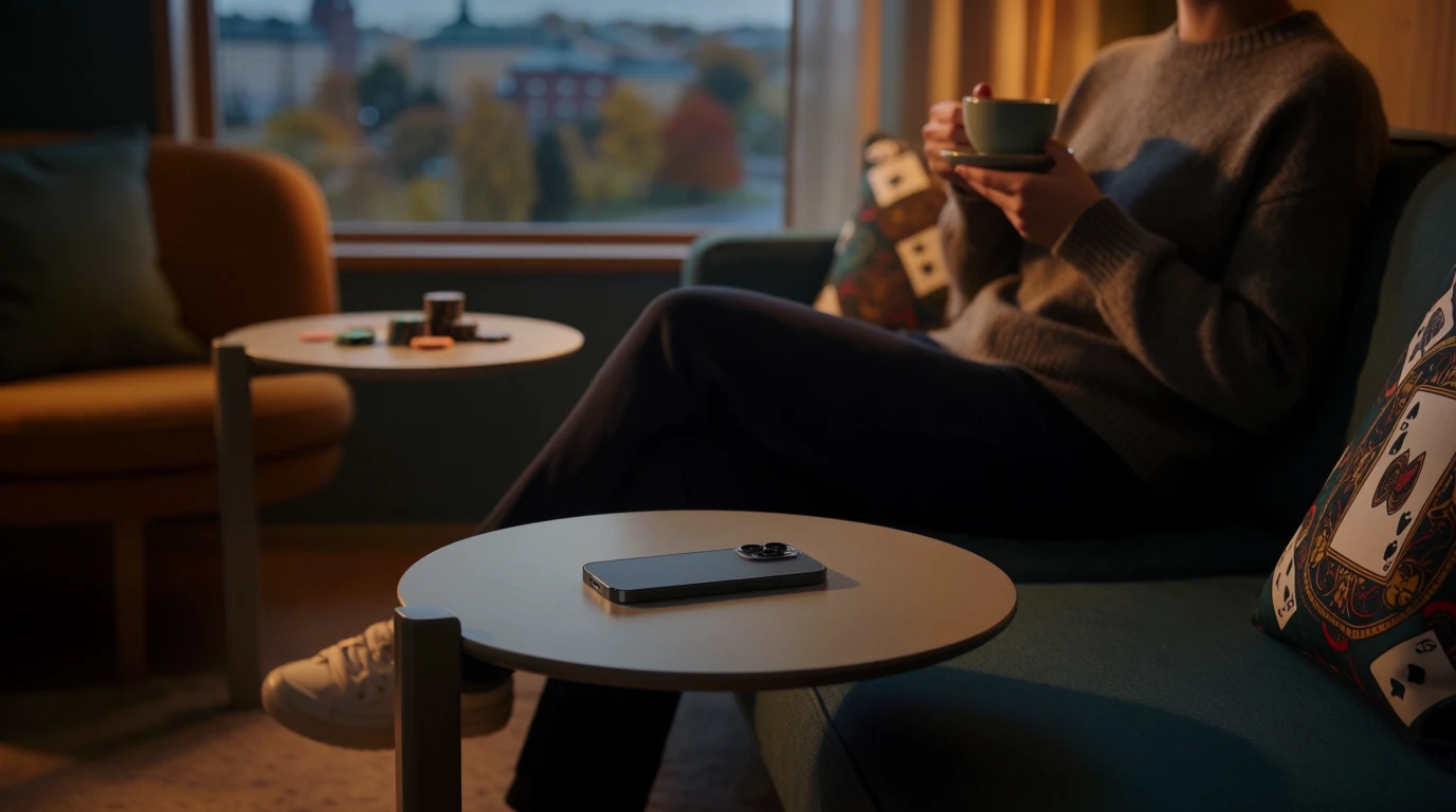 Avslappnad stund i skandinavisk inredning med telefon och casinotema