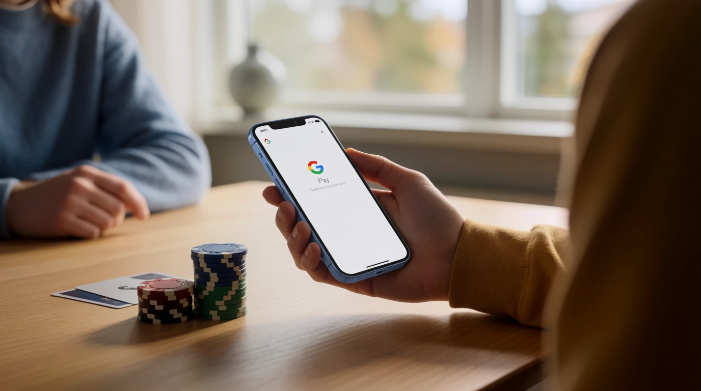 Smartphone med Google Pay bredvid casinotokens på ett bord