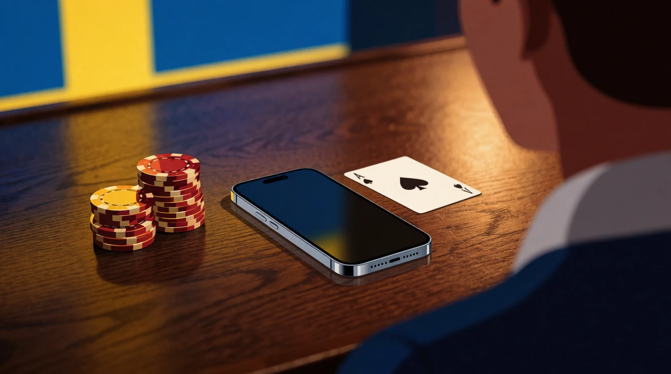 Smarttelefon med casinokistor och ett ess på ett bord