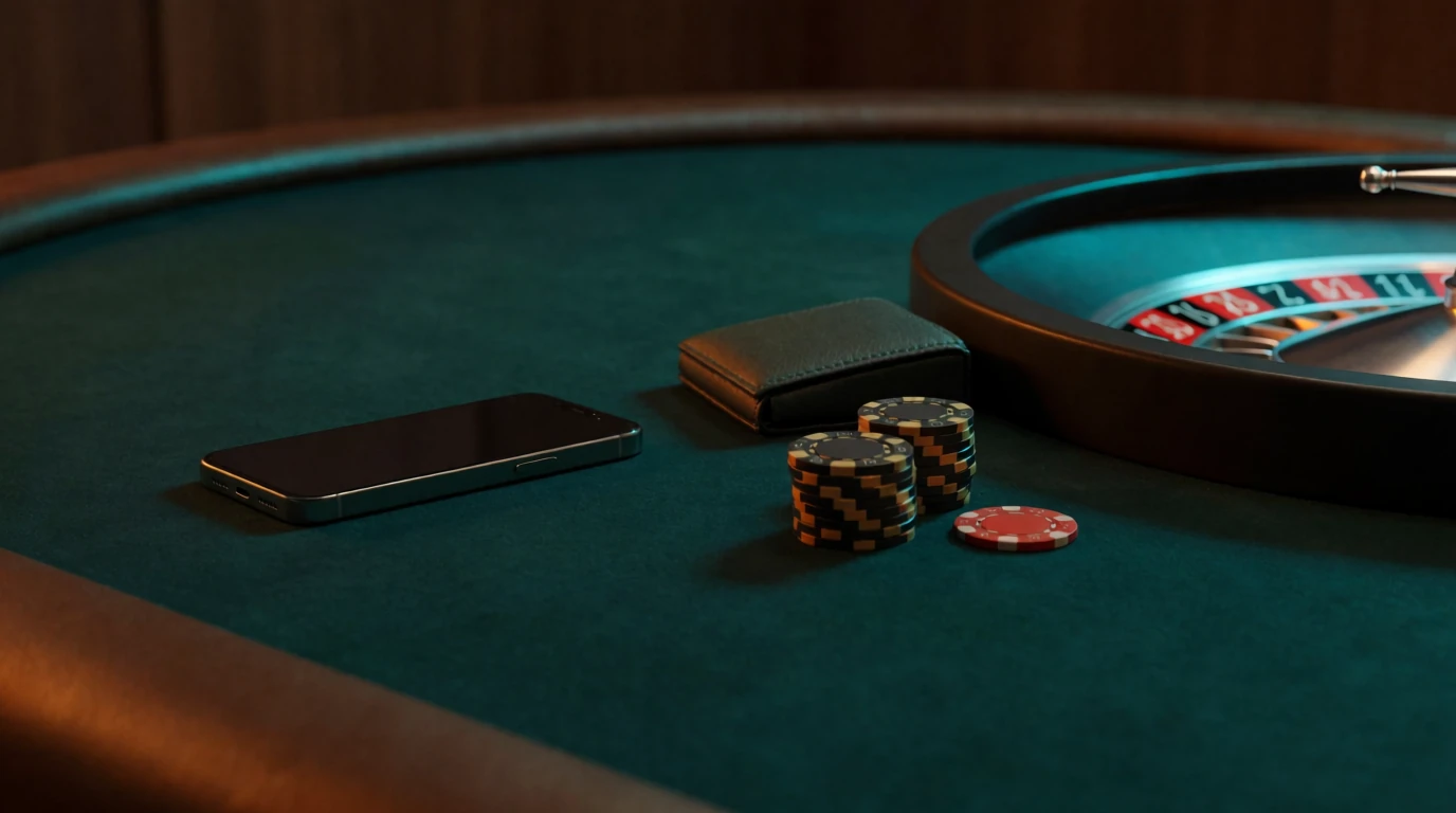 Casinobord med jetonmarker, marker och stängd mobiltelefon
