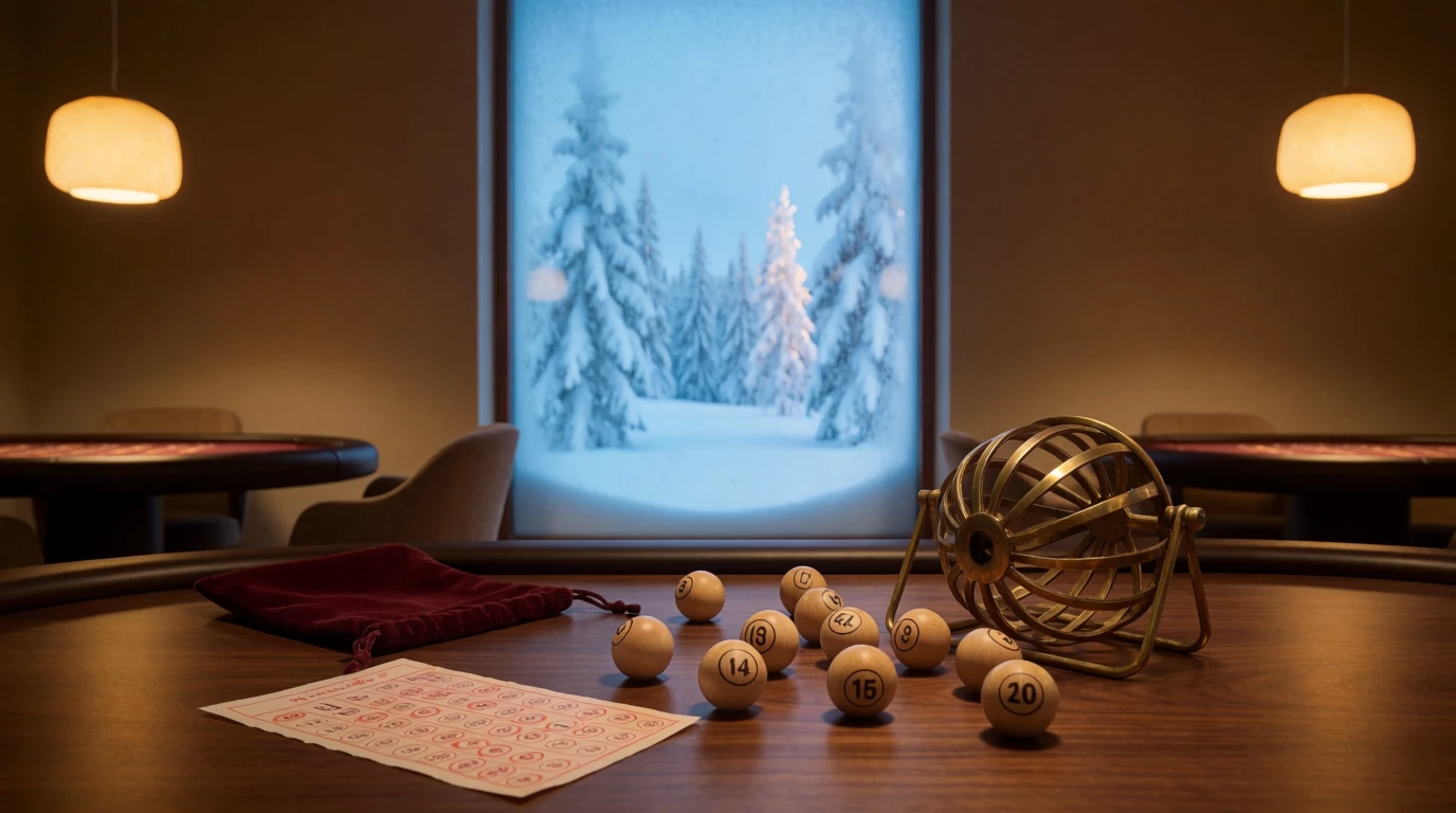 Kenobollar, brickor och mässingsbur på ett svenskt casinobord med vinterutsikt