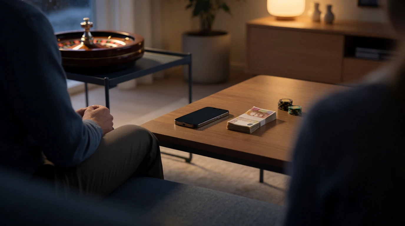 Svenskt vardagsrum med Klarna-betalning och casinotema