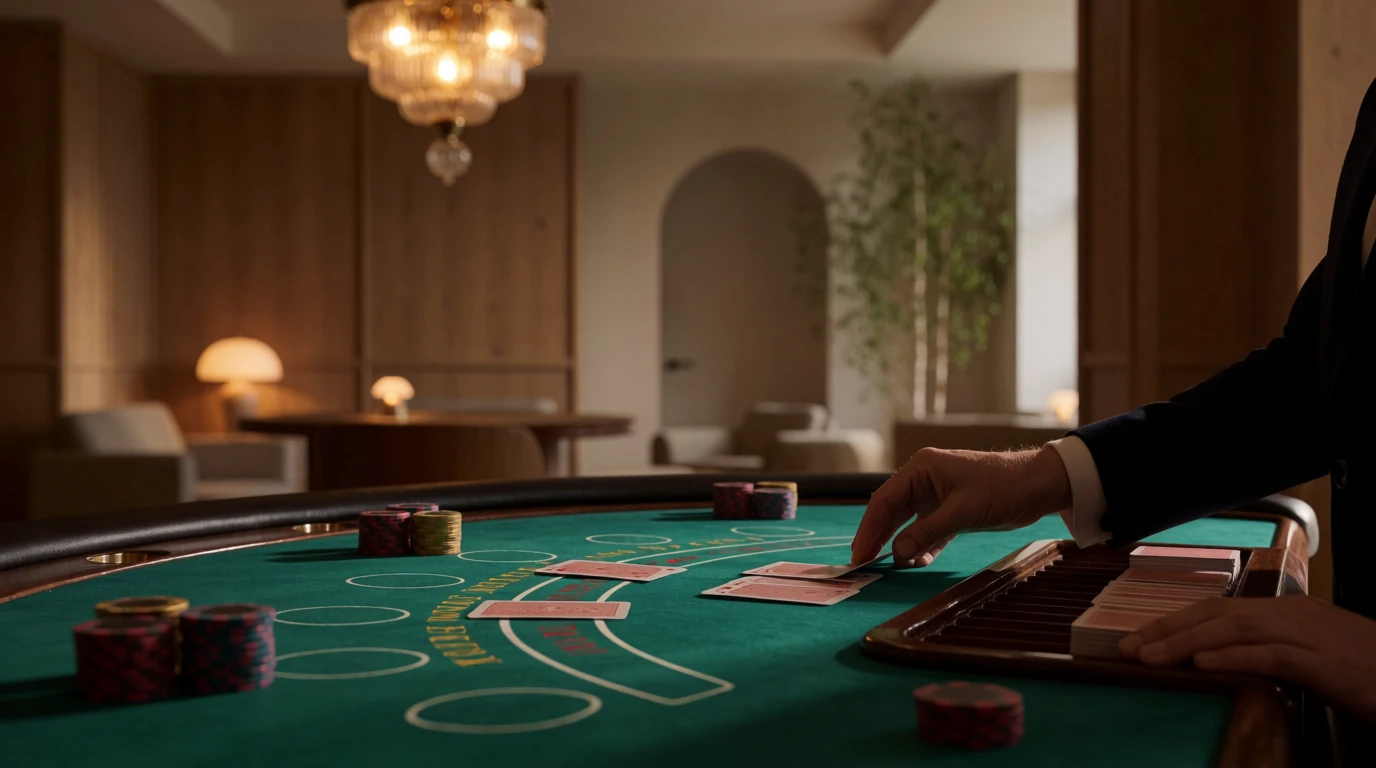Elegant casinobord med blackjack, marker och kort i svensk casinomiljö