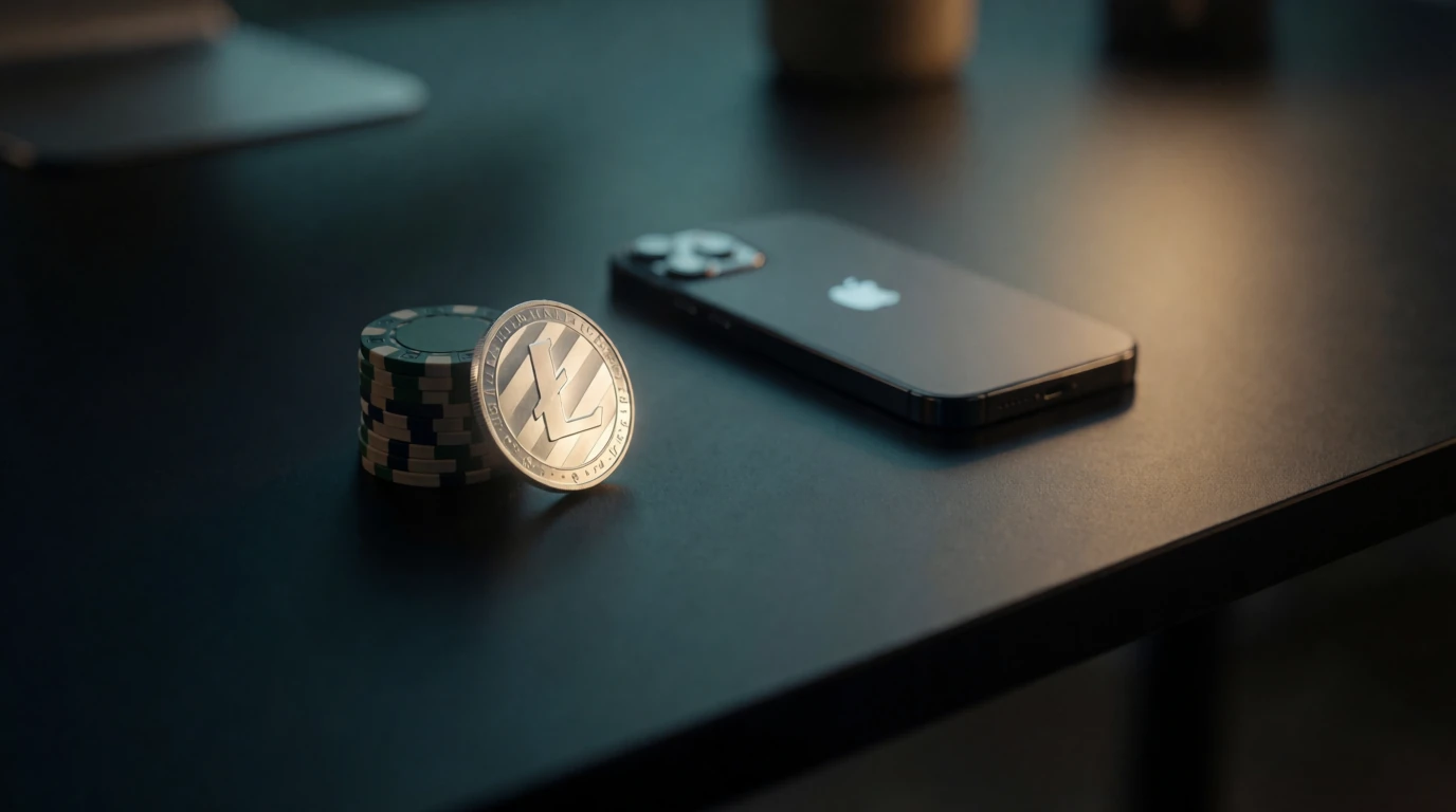 Litecoin-mynt och casinoklackor på ett minimalistiskt skrivbord