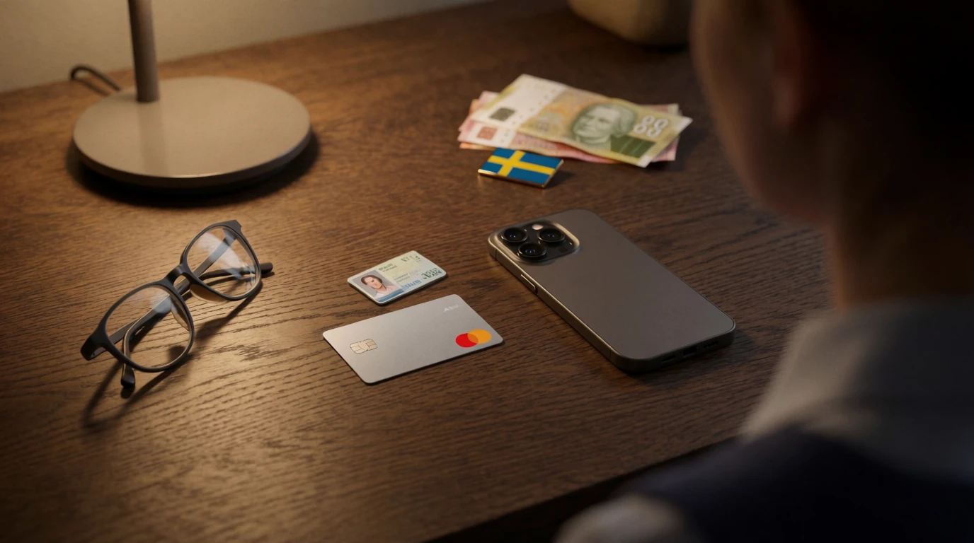 Kreditkort, svenska kronor och telefon på ett skrivbord