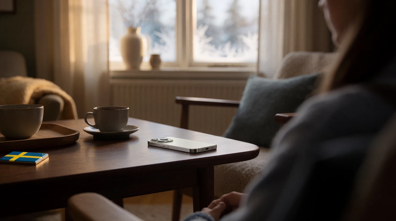 Smarttelefon på träbord i skandinavisk inredning med svensk kontext