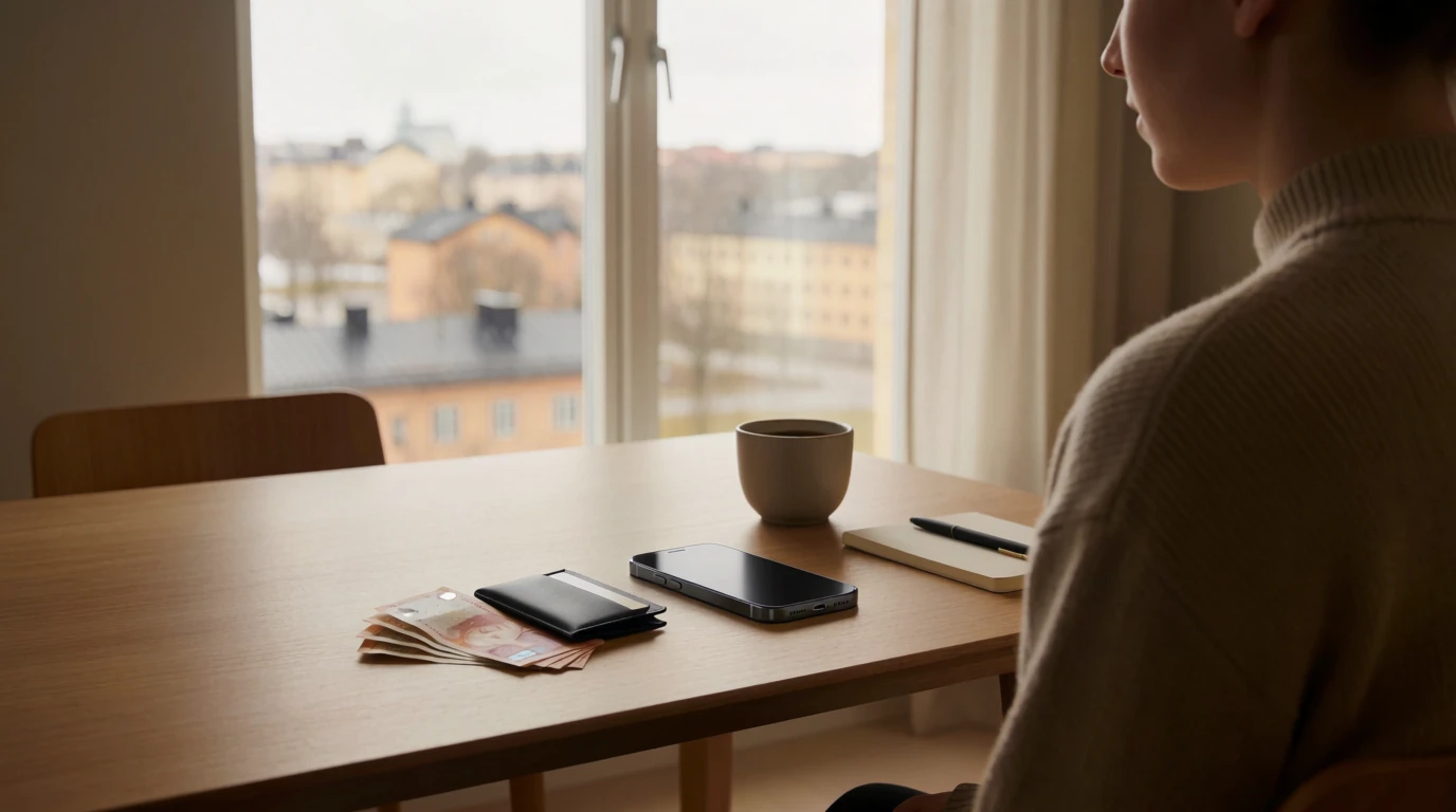 Svensk modern hemmiljö med smartphone, kort och kontanter som symboliserar MuchBetter-betalning till casino