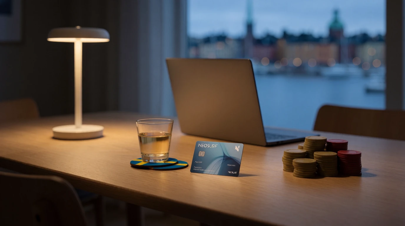 Neosurf-kupong, casinofärgar och svensk vodkaglas på ett minimalistiskt bord