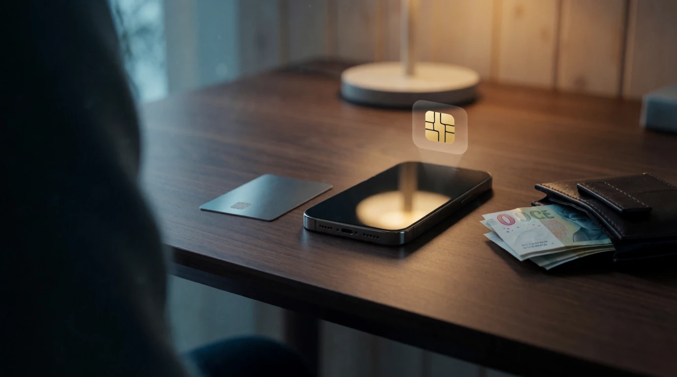 Kreditkort, telefon och svenska sedlar på skrivbord symboliserar Neteller-betalning