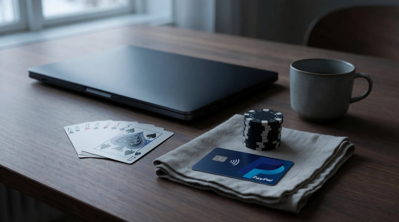 PayPal-kort, spelmarker och kort på ett skandinaviskt skrivbord