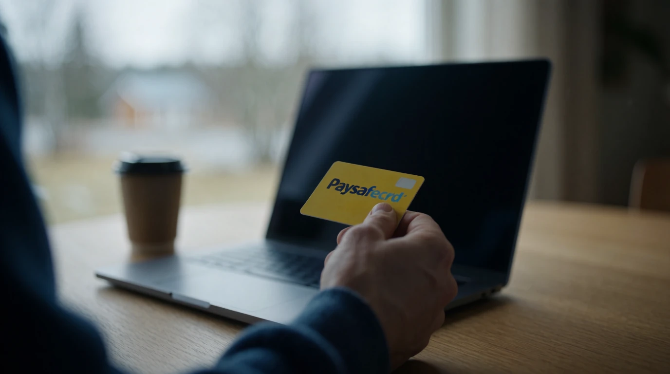 Paysafecard-kupong på ett träbord bredvid en bärbar dator