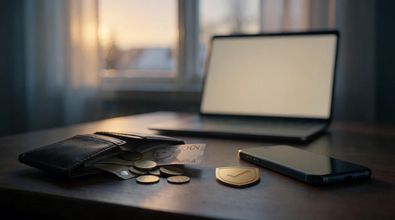 Plånbok med svenska kronor och en vänd smartphone på ett skrivbord