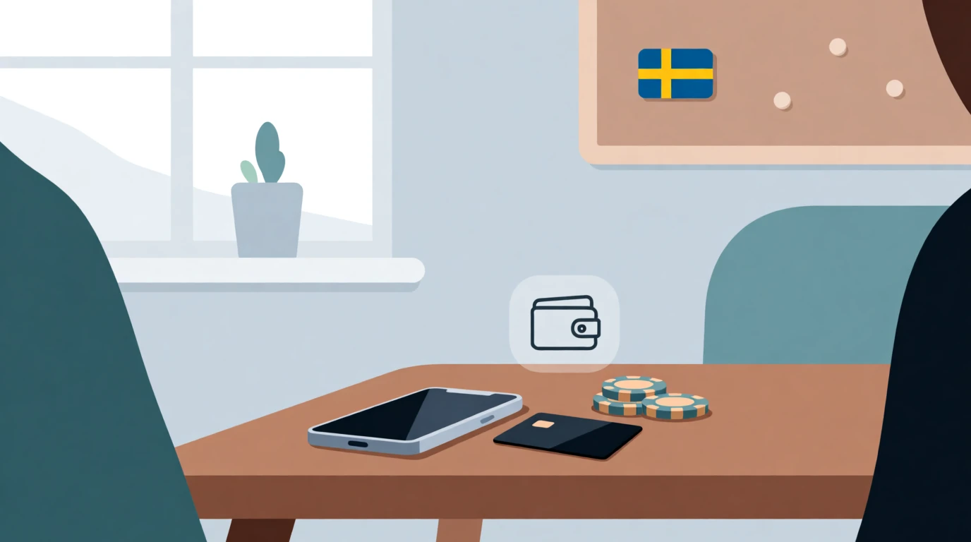 Smartphone, bankkort och casinofigurer på ett bord i skandinavisk miljö
