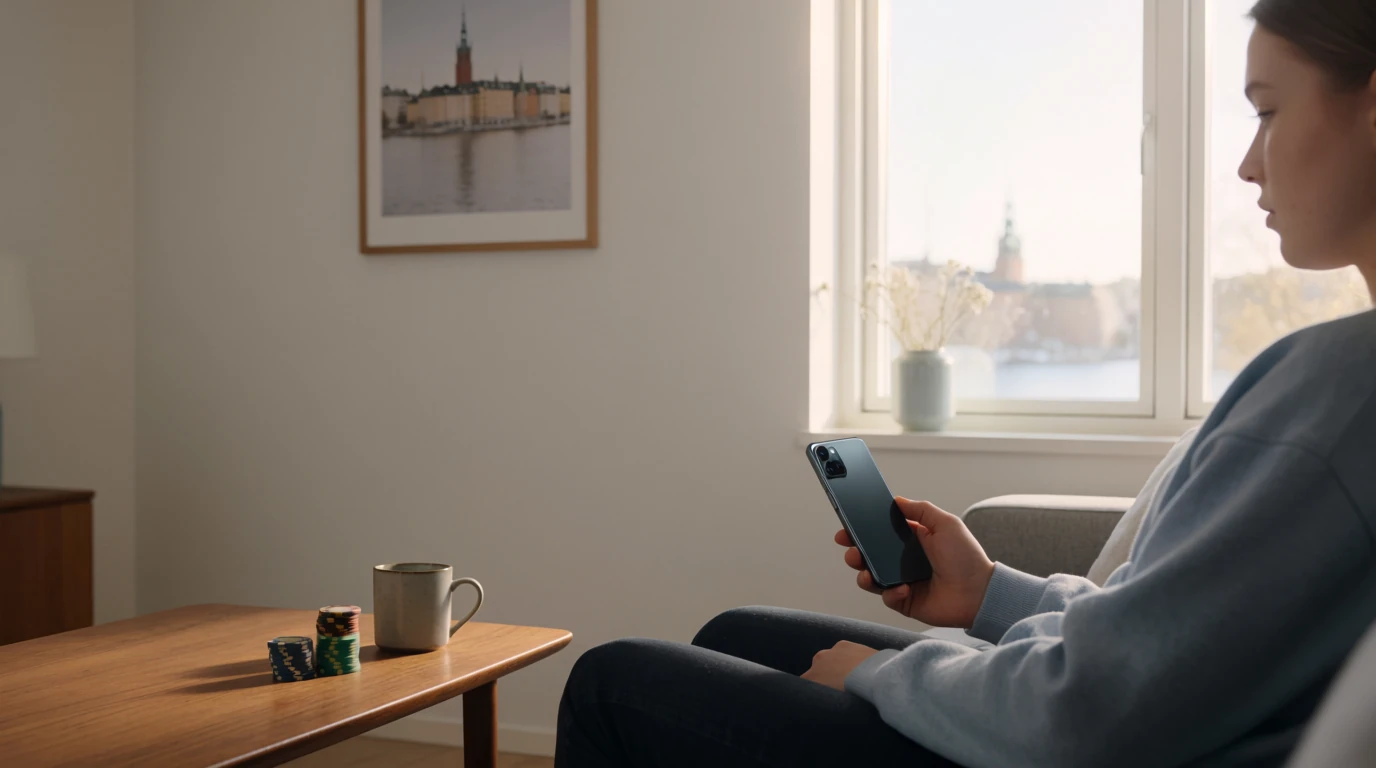 Person i modernt svenskt vardagsrum med mobiltelefon och casinofärgar på bordet