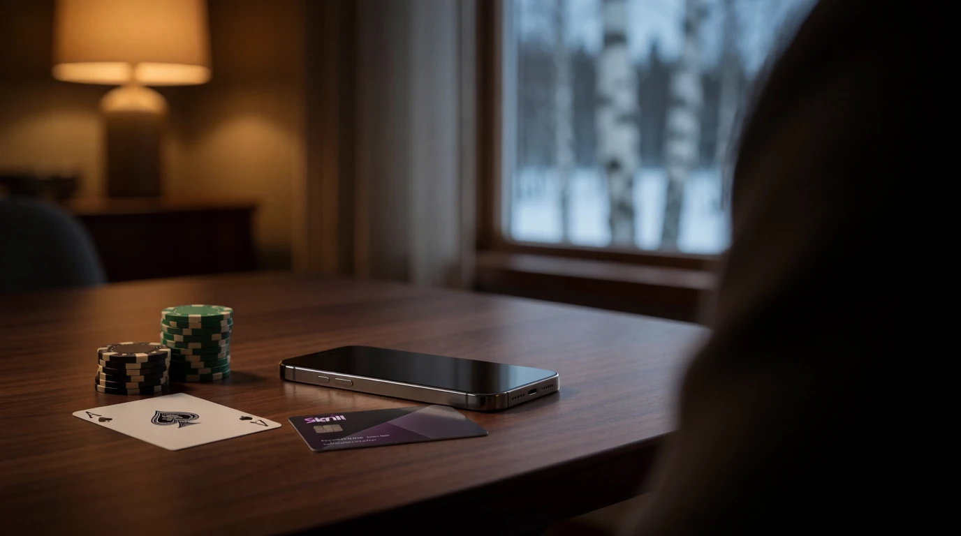 Smartphone med casinofigurer och Skrill-kort på ett bord