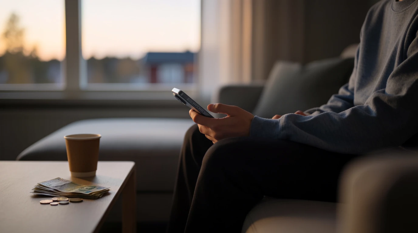 Person i svensk vardagsrum med mobiltelefon och svenska kronor