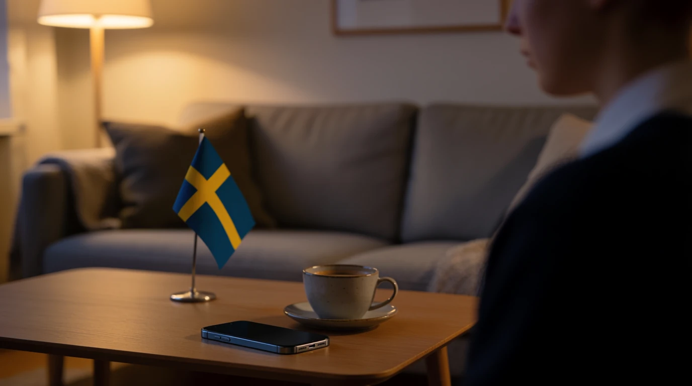 Smartphone på soffbord med svensk flagga i modernt vardagsrum