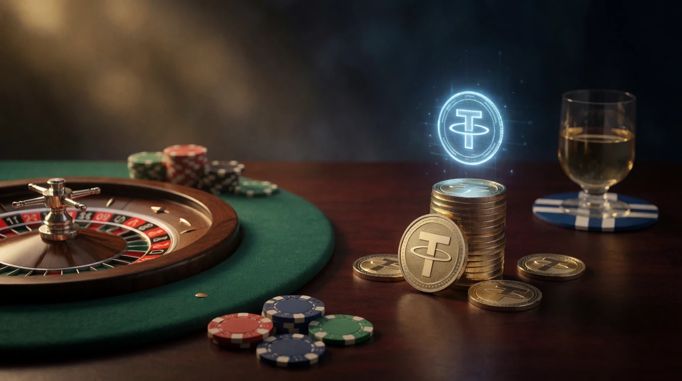 Tether-krypto mynt med casinotillbehör på ett bord