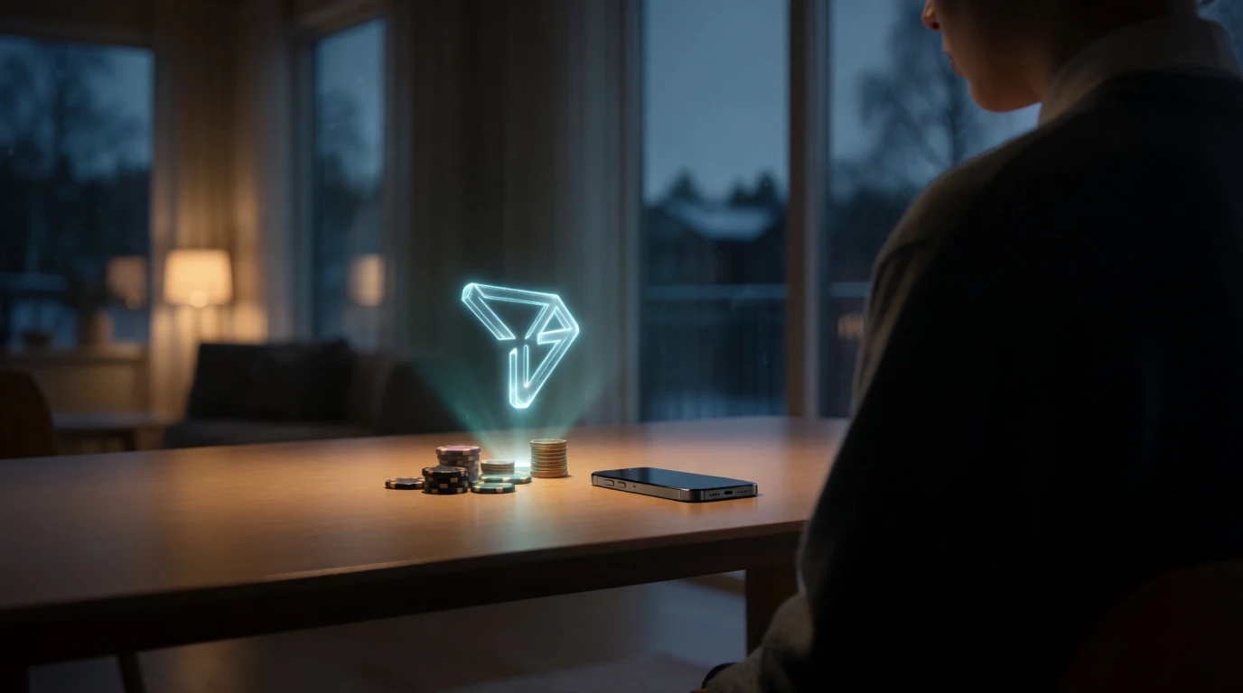 Svensk lägenhet med casino-markörer och en glödande Tron-symbol