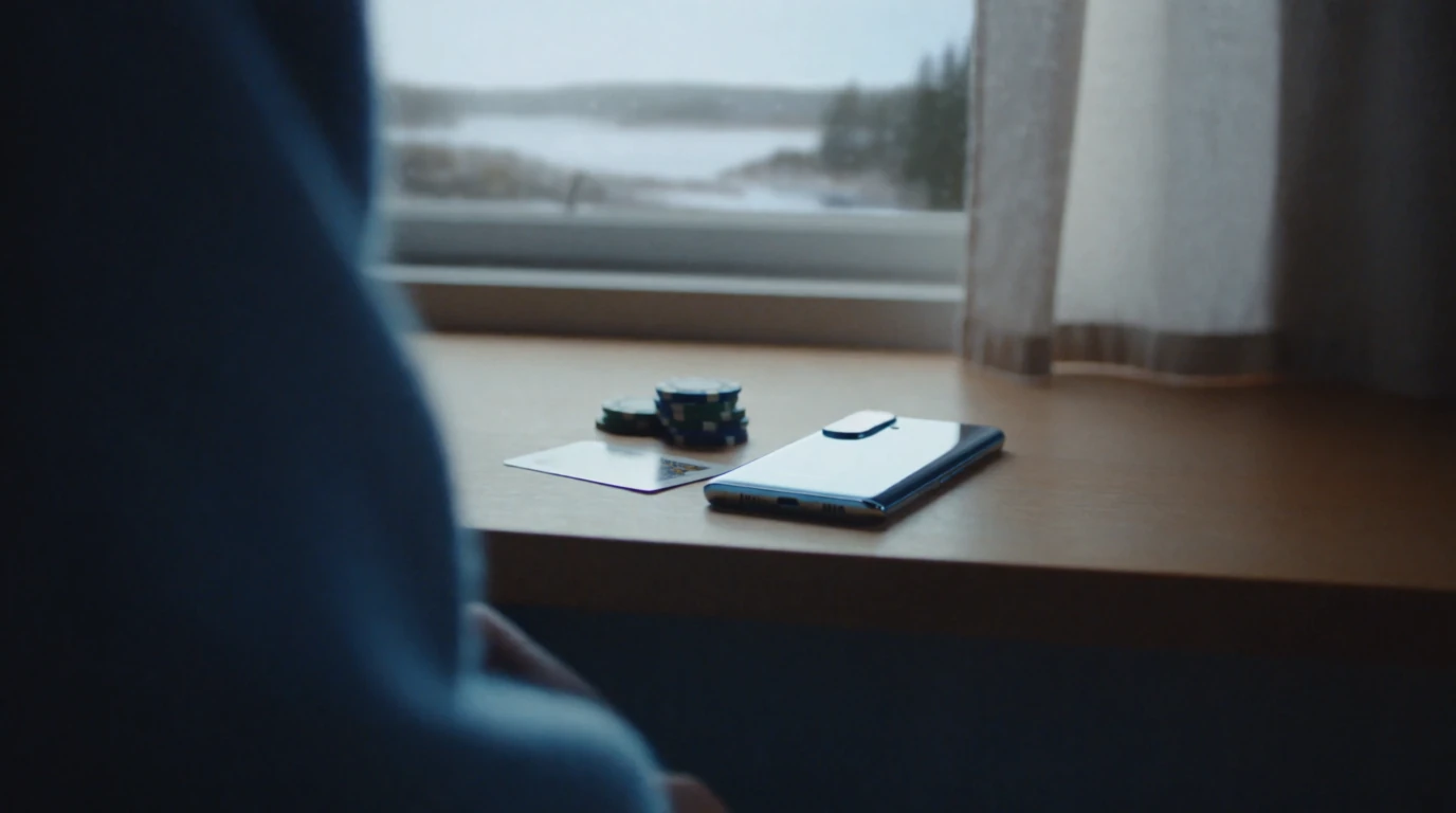 Android-telefon i en svensk hemmiljö med casinotema