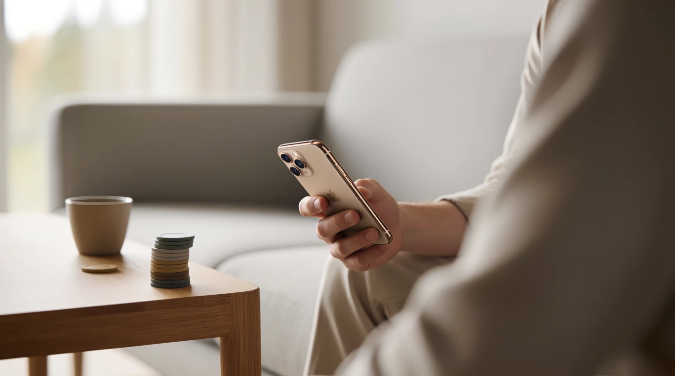 Person i soffa som håller en iPhone, casinotema vid sidan
