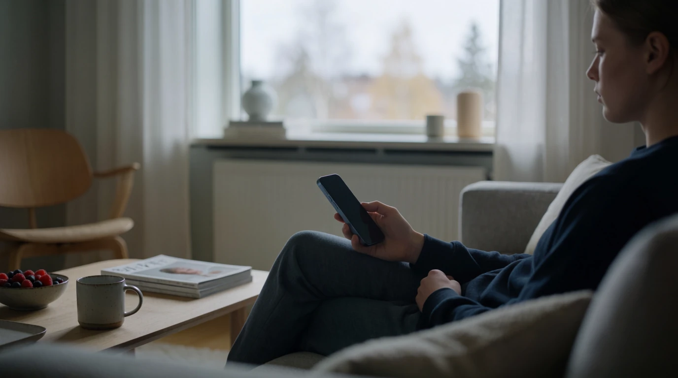 Person i svensk lägenhet som lugnt tänker över sitt val av nätcasino