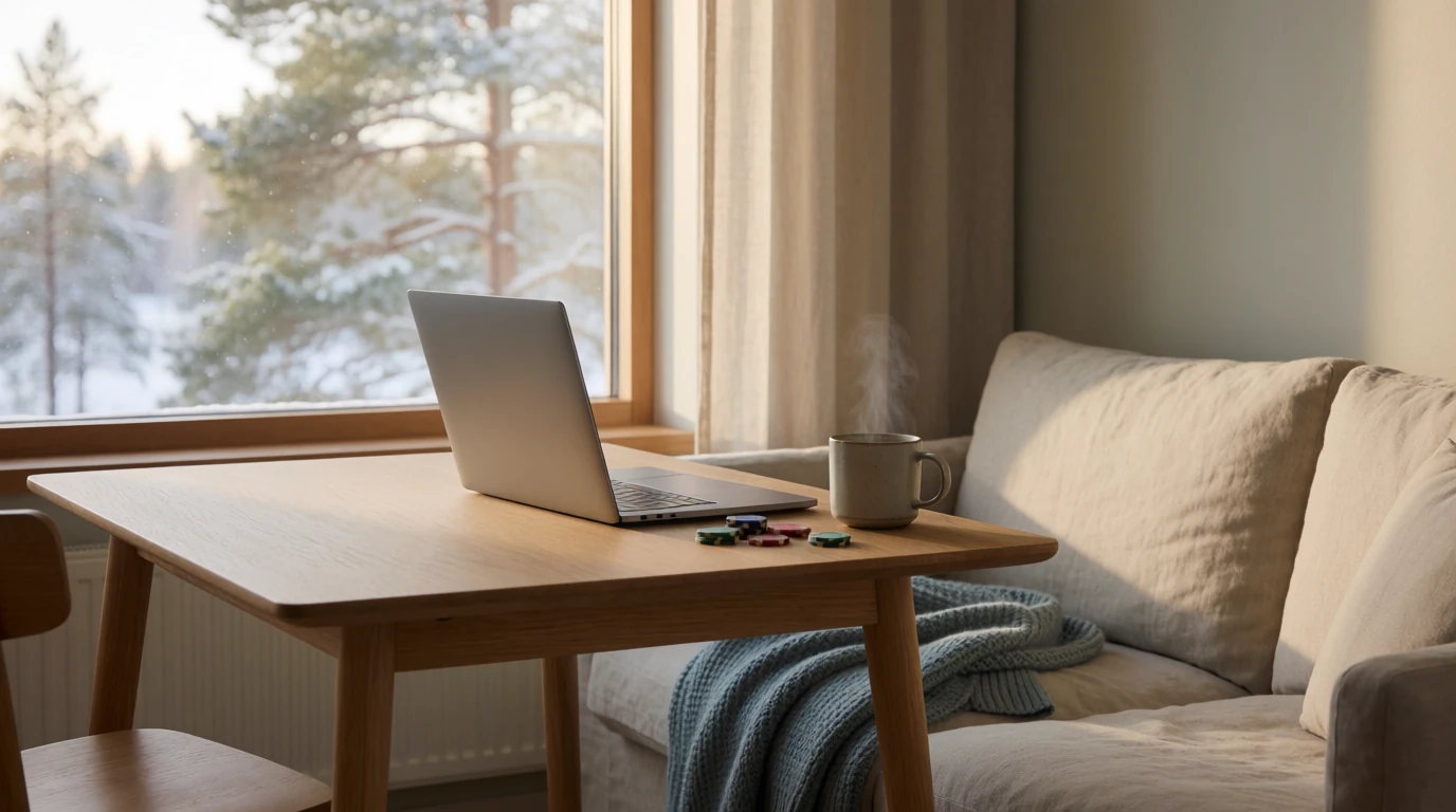 Modernt skandinaviskt vardagsrum med stängd laptop, kaffekopp och casinofigurer på bordet