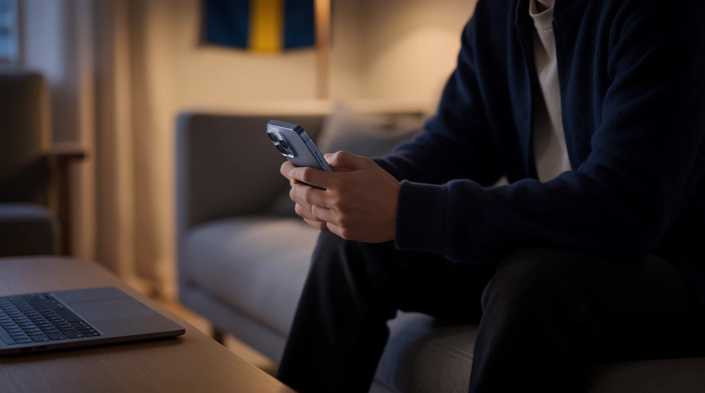 Svensk person med smartphone i modern lägenhet, kvällsstämning