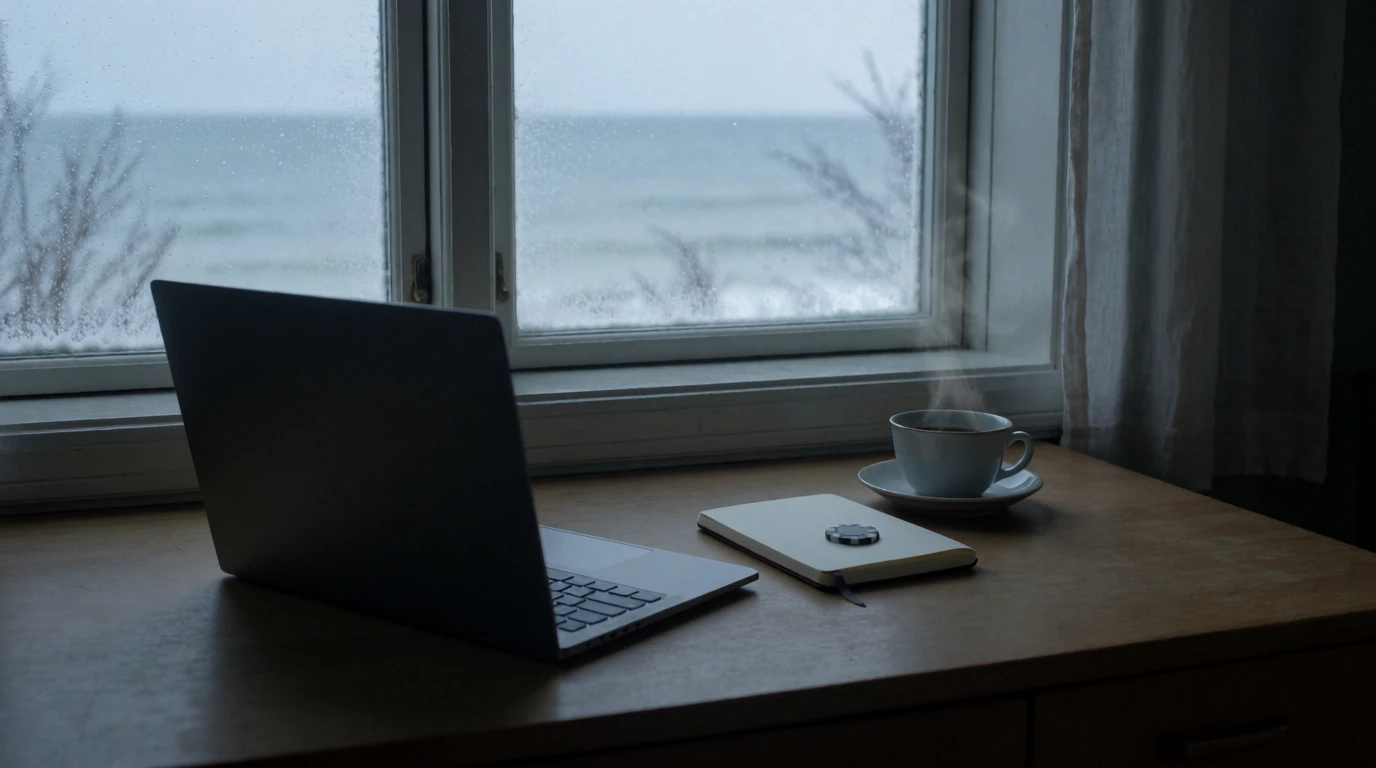 Stängt laptopskärm vid fönster med en ensam spelmarker, svensk vinterinteriör