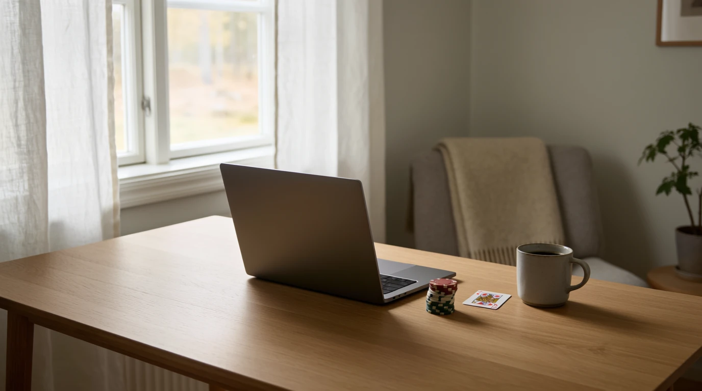 Skandinavisk hemmakontorsscen med laptop, pokermarker och spelkort på ljust ekbord