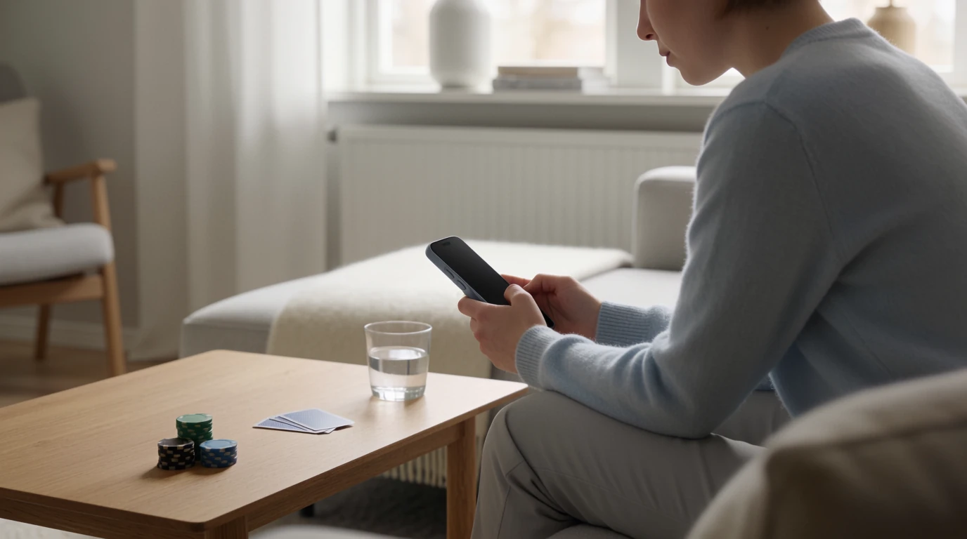 Person i ljus svensk lägenhet som lugnt tittar på sin mobiltelefon med casinotillbehör på bordet.