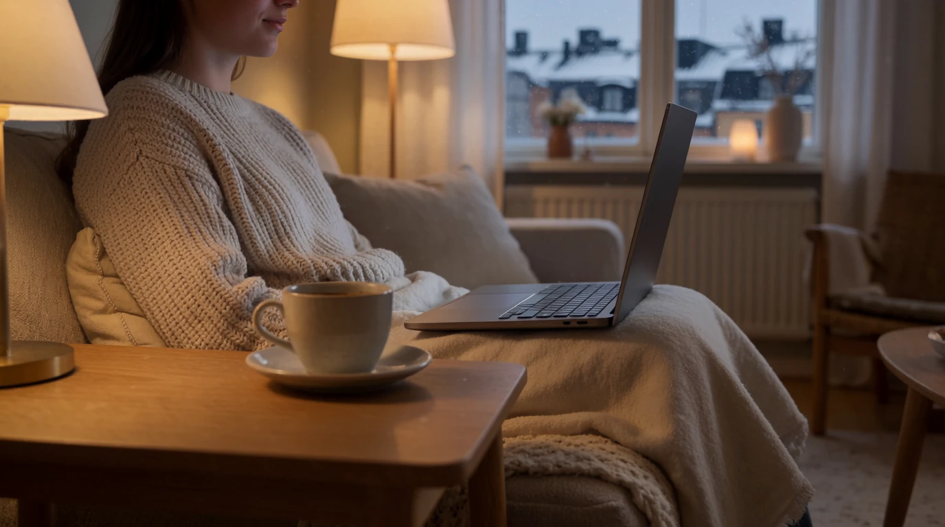 Kvinna myser inomhus vid laptoppen en vinterkväll