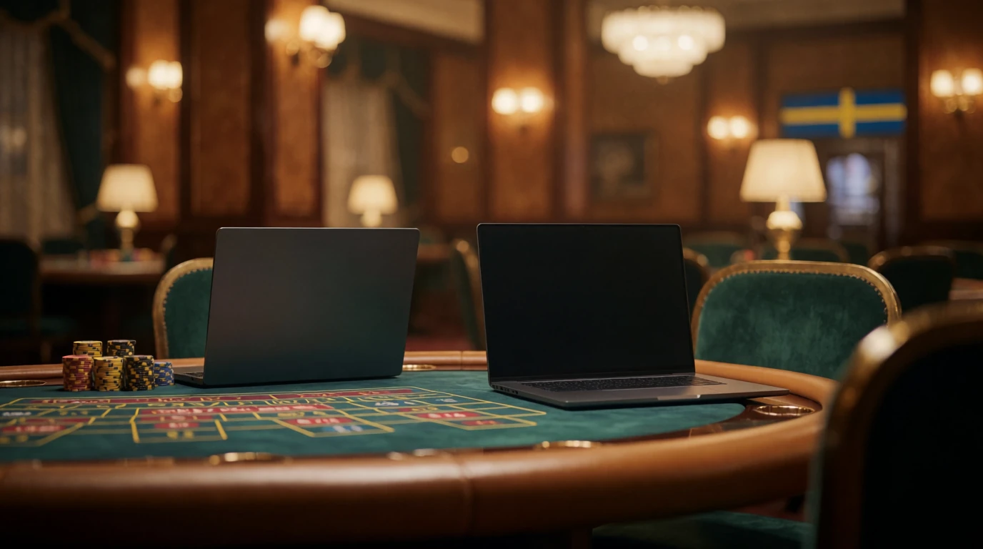 Elegant casinomiljö med marker och stängd laptop på ett filtbord
